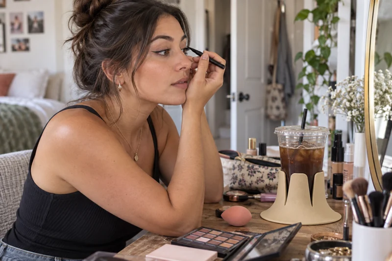 Adult applying eyeliner before going out with clear iced-coffee cup with lid and straw in Steadi on actual makeup table beyond brush movement, near seated user. AI illustration.